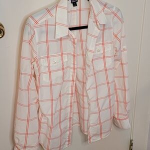 Patagonia White and Coral Plaid Long Sleeve Cotton Button Down Shirt
